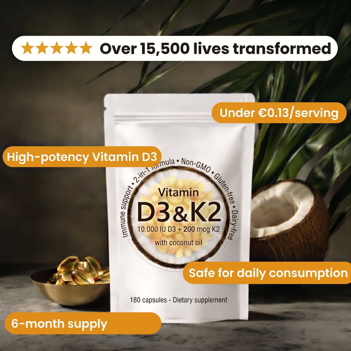 Vitamin D3 & K2 high potency, 6-month supply