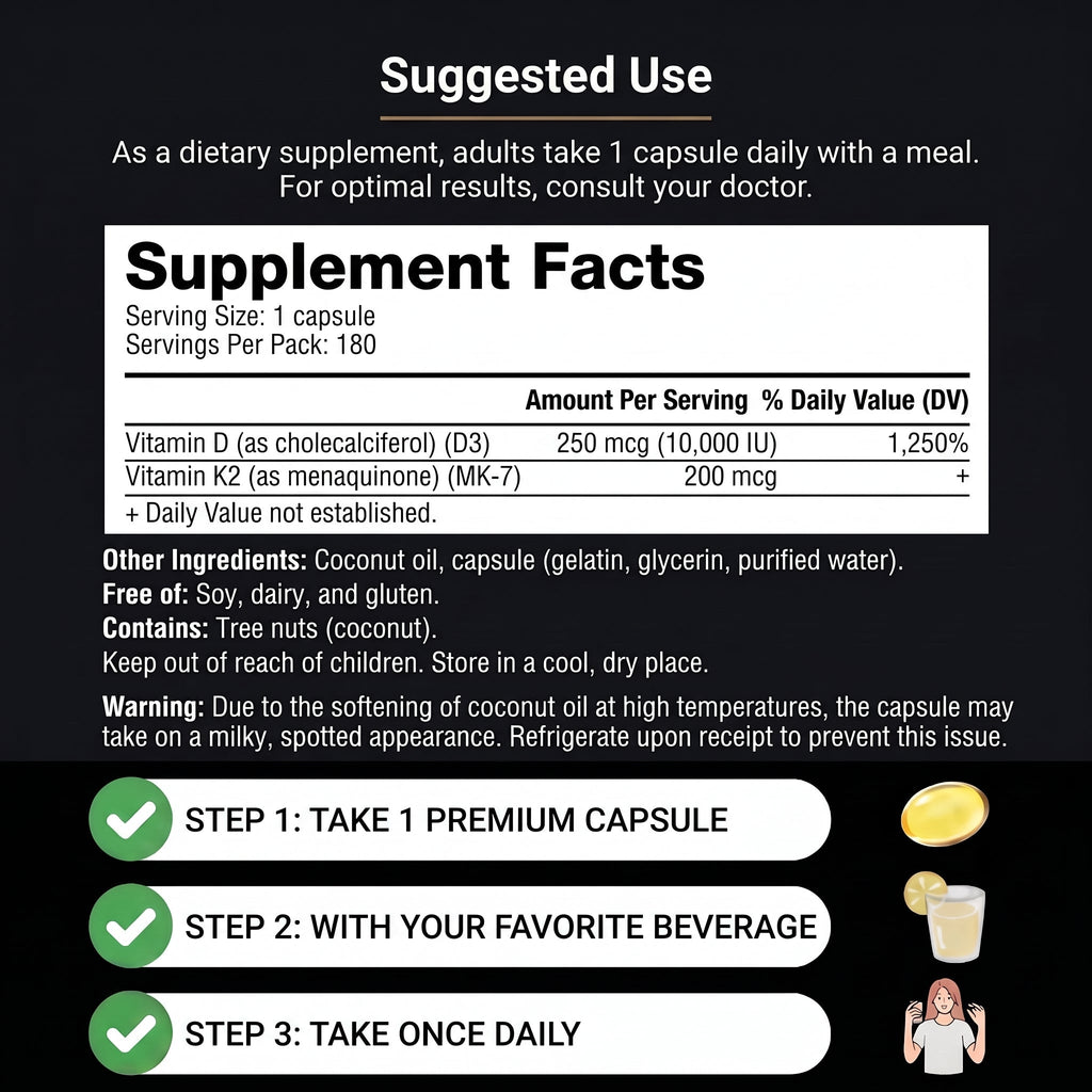 Vitamin D3 & K2 directions and supplement facts