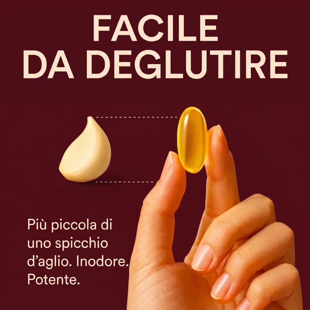 Capsula molle più piccola di uno spicchio d'aglio, inodore e facile da deglutire