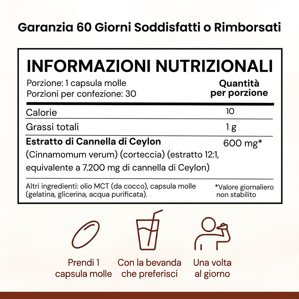 Informazioni nutrizionali: 600 mg di estratto di cannella di Ceylon per capsula molle, olio MCT da cocco