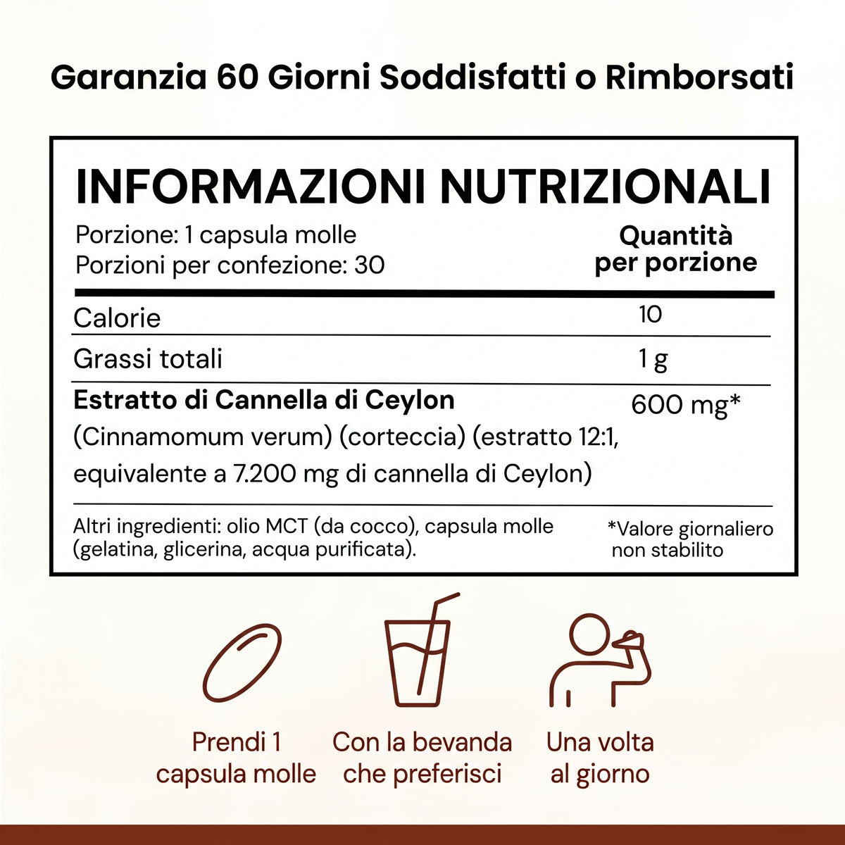 Informazioni nutrizionali: 600 mg di estratto di cannella di Ceylon per capsula molle, olio MCT da cocco