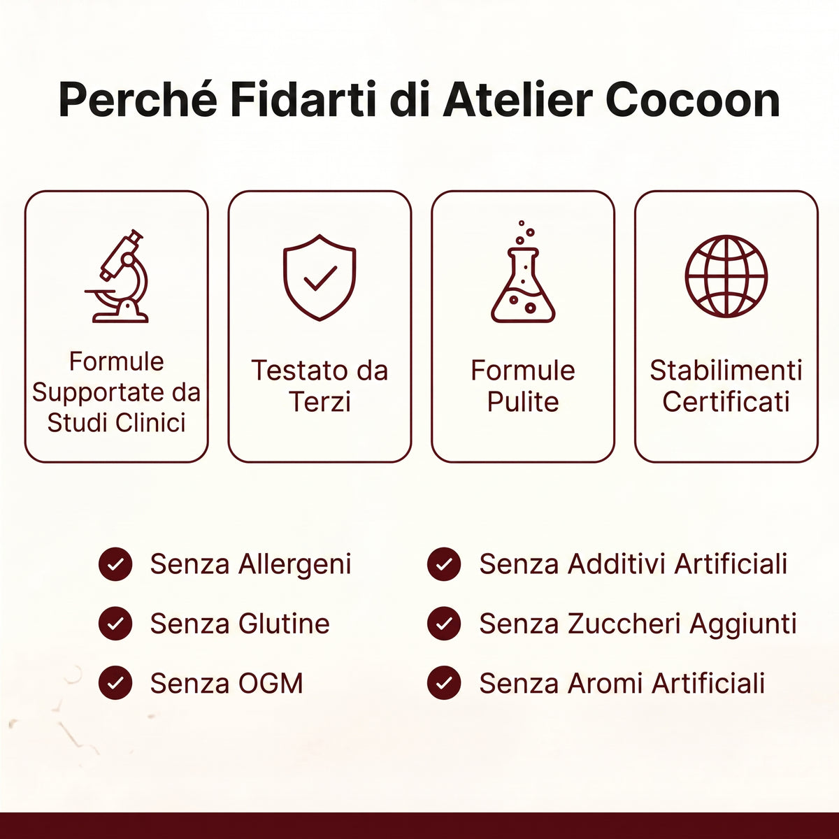 Perche fidarti di Atelier Cocoon: formule studiate, testate da terzi, senza allergeni, senza OGM