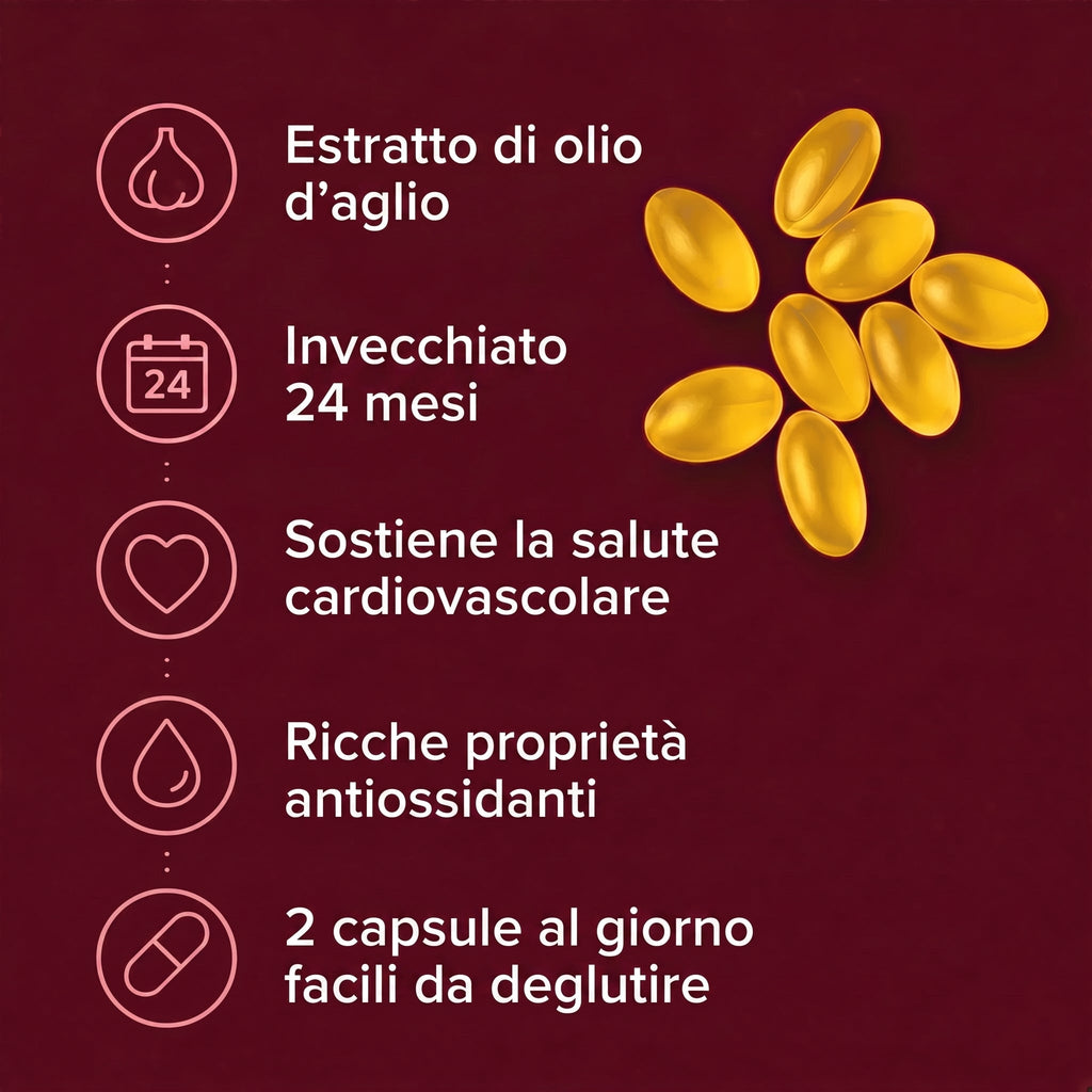 Estratto di olio d'aglio invecchiato 24 mesi, ricche proprietà antiossidanti, 2 capsule al giorno