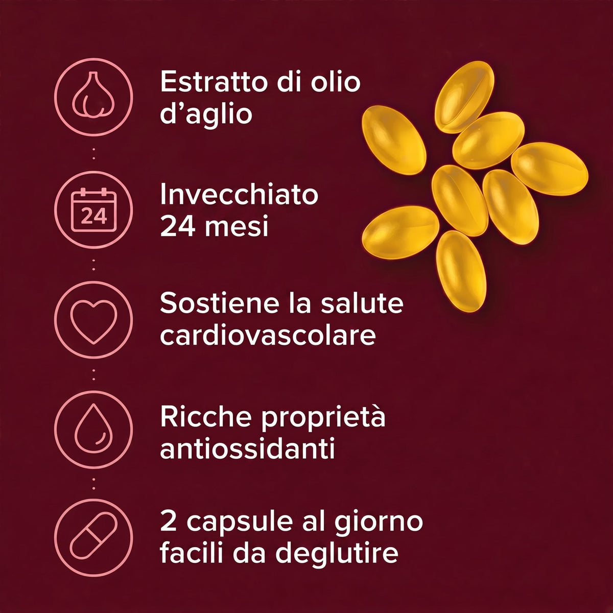 Estratto di olio d'aglio invecchiato 24 mesi, ricche proprietà antiossidanti, 2 capsule al giorno