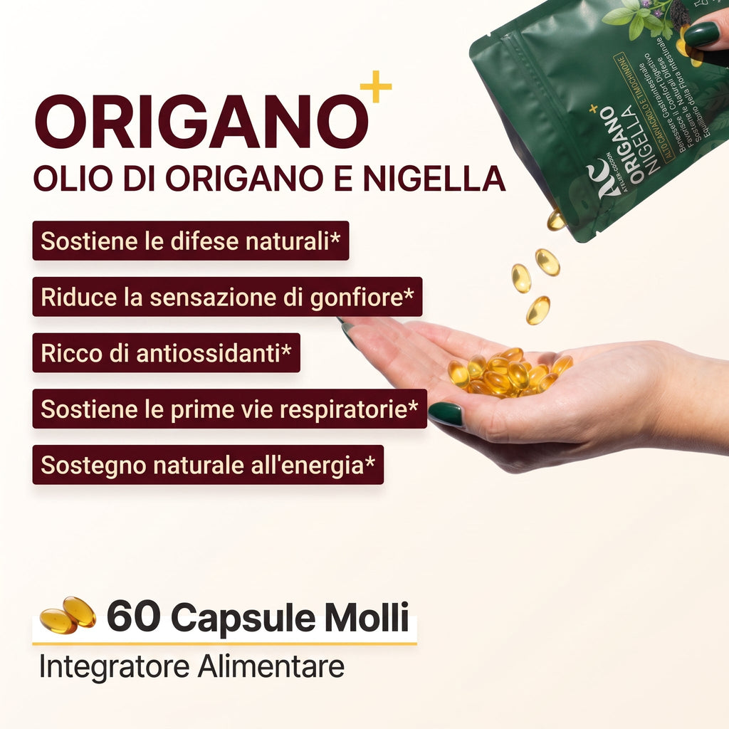Le capsule molli dorate di Origano+: difese naturali, meno gonfiore, antiossidanti, prime vie respiratorie, energia