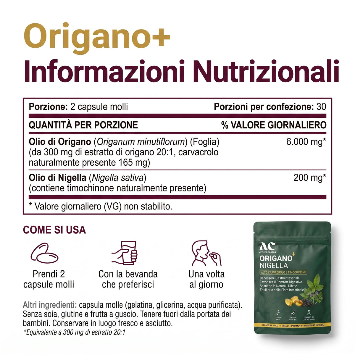 Informazioni nutrizionali di Origano+: 6.000 mg di olio di origano con 165 mg di carvacrolo e 200 mg di olio di nigella per 2 capsule molli