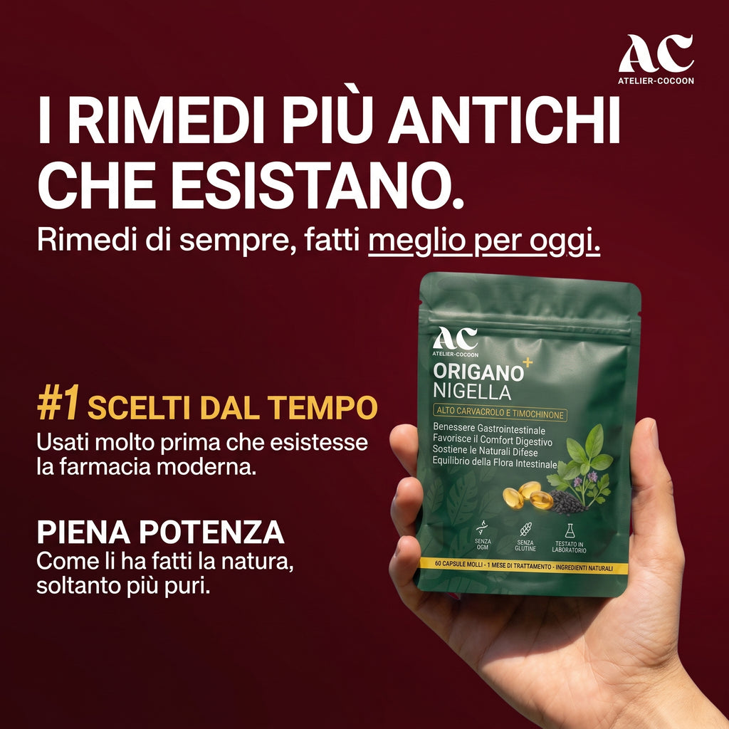 Una mano tiene la confezione di Origano+ dell'Atelier Cocoon: i rimedi piu antichi che esistano, fatti meglio per oggi