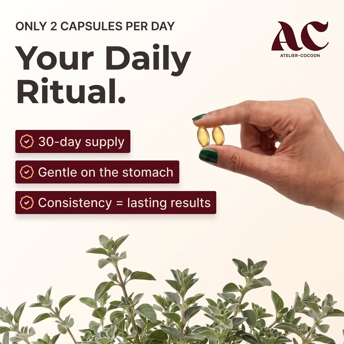 The daily Oregano+ ritual: just 2 softgels