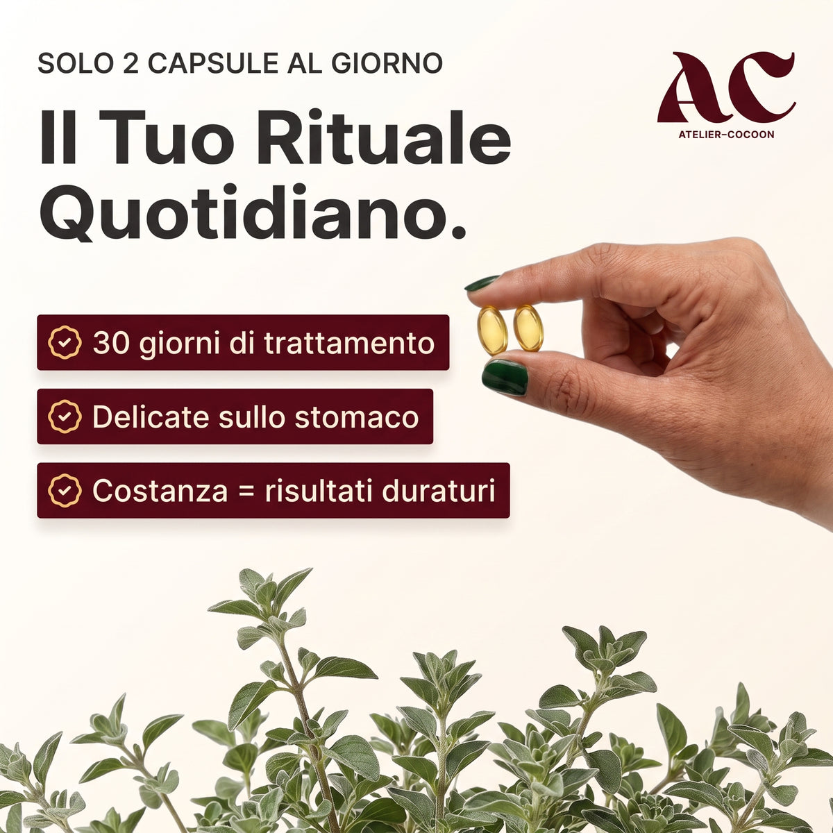 Il rituale quotidiano di Origano+: solo 2 capsule molli al giorno, delicate sullo stomaco, 30 giorni di trattamento