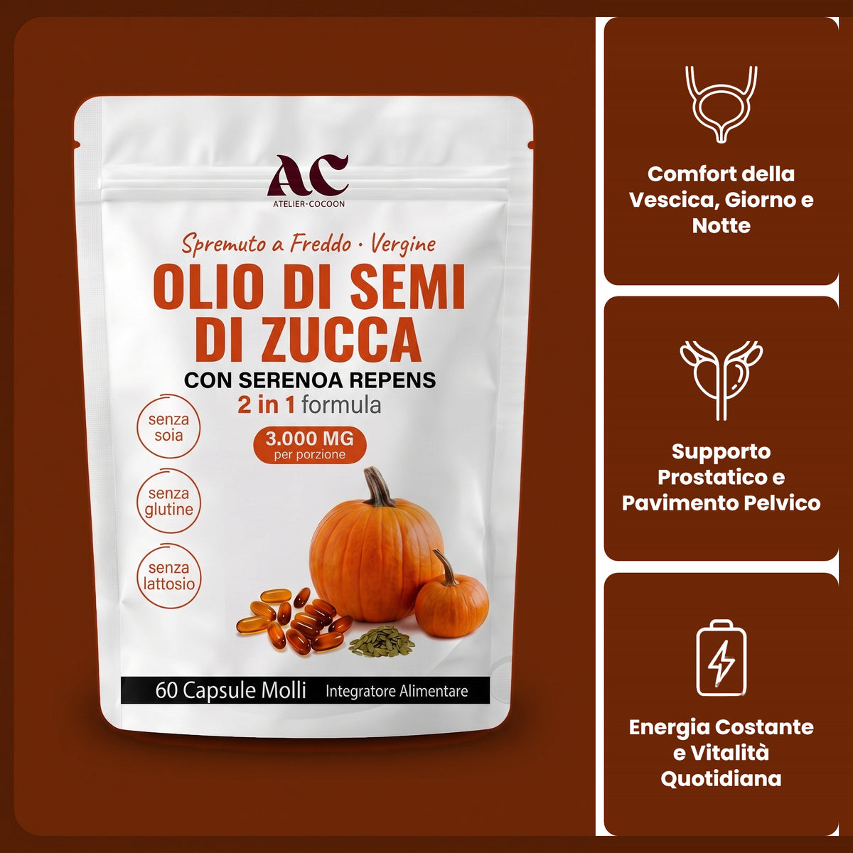 Olio di Semi di Zucca: comfort della vescica giorno e notte, supporto prostatico e pavimento pelvico, energia costante e vitalita quotidiana