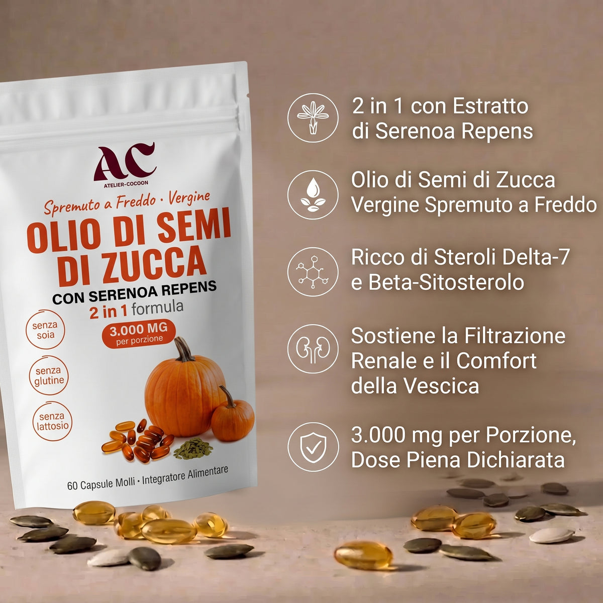 2 in 1 con serenoa repens, olio vergine spremuto a freddo, steroli delta-7 e beta-sitosterolo, 3.000 mg per porzione
