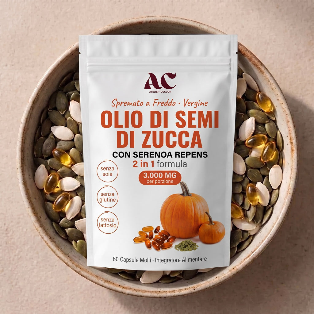 Confezione di olio di semi di zucca con le sue capsule molli e i semi