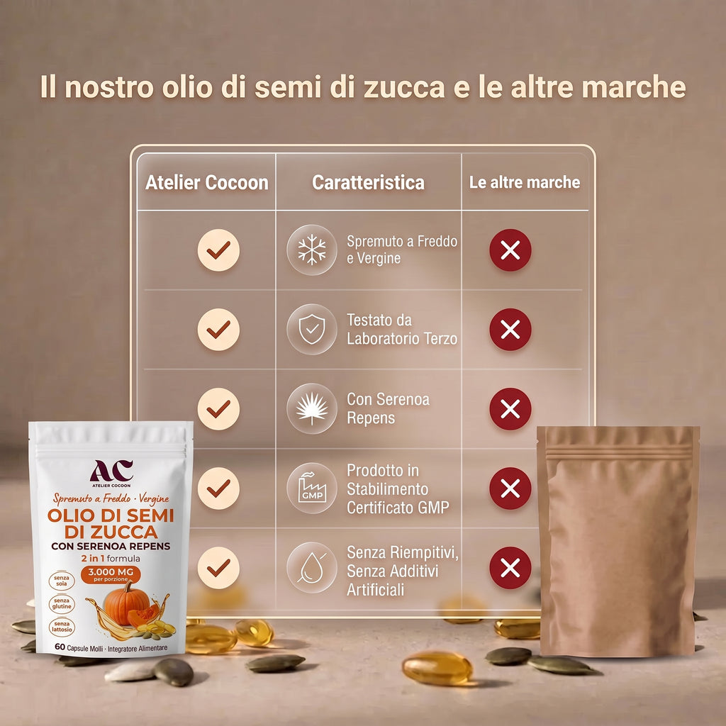 Il nostro olio di semi di zucca e le altre marche: spremuto a freddo e vergine, testato da laboratorio terzo, con serenoa repens, stabilimento certificato GMP