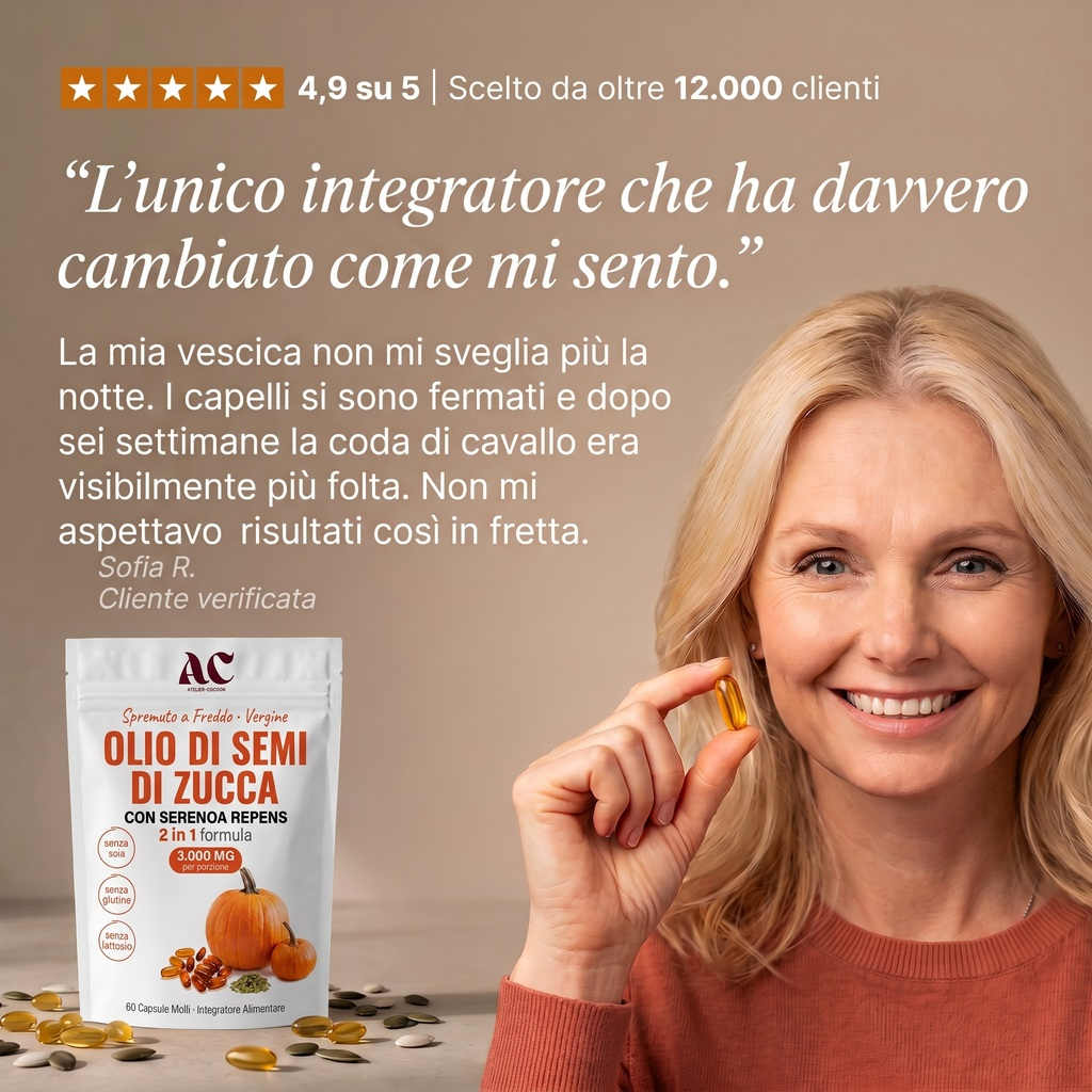 Recensione verificata, 4,9 su 5: la mia vescica non mi sveglia piu la notte, i capelli si sono fermati