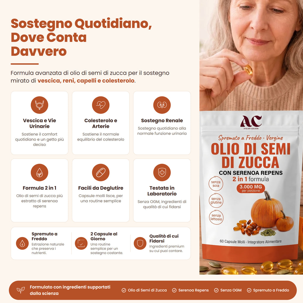 Sostegno quotidiano dove conta davvero: vescica e vie urinarie, colesterolo e arterie, sostegno renale, formula 2 in 1 con serenoa repens, capsule molli facili da deglutire, testata in laboratorio, 3.000 mg per porzione